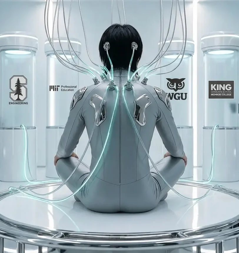 An operator in a silver suit sits cross-legged on a white platform, wired by glowing cables to glass capsules holding the Stanford Engineering, MIT Professional Education, WGU and Monroe College logos